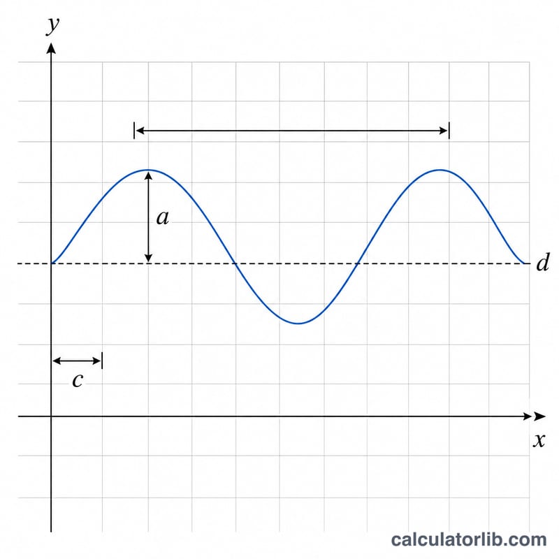 Sine wave with amplitude, period, vertical shift and phase shift marked