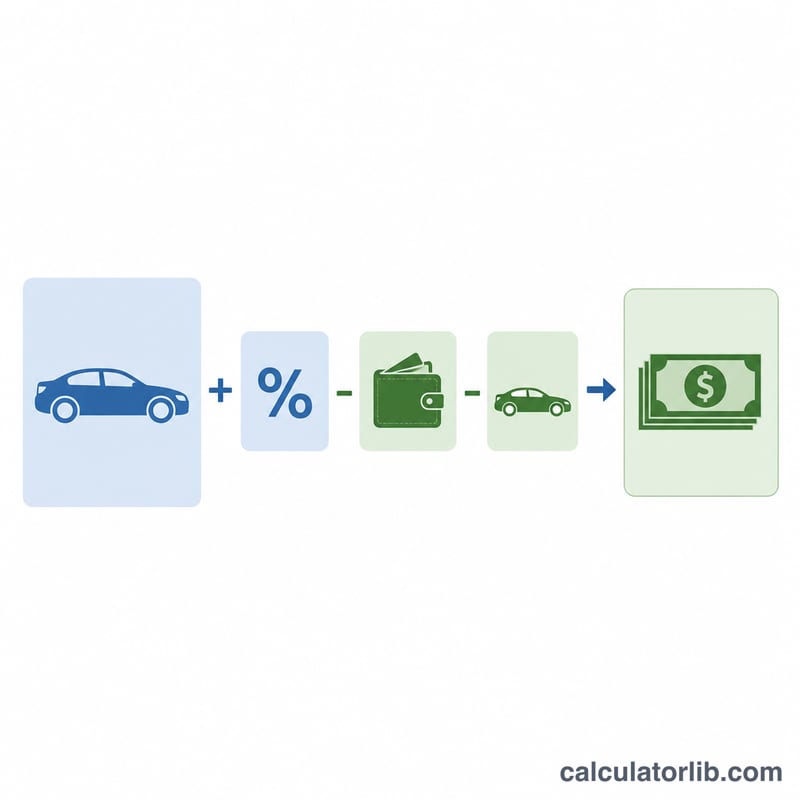 Flat diagram showing how vehicle price, down payment, trade-in and sales tax combine into the amount financed