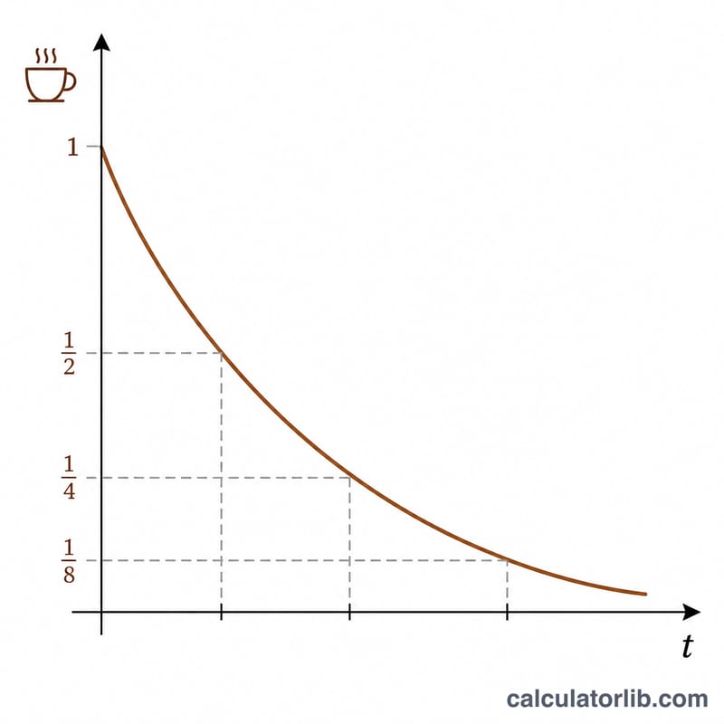 Curva de decaimiento exponencial de la cantidad de cafeína que disminuye con el tiempo en pasos de reducción a la mitad