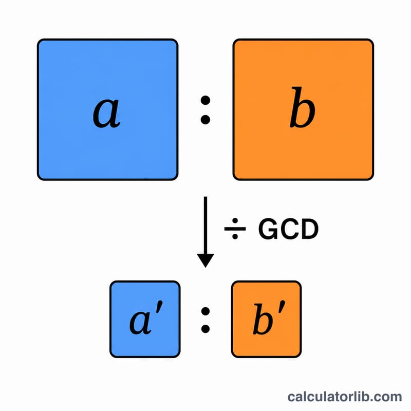 Diagram showing ratio a:b divided by its GCD to produce the simplified ratio