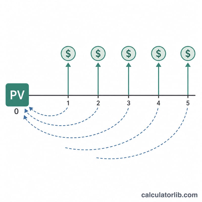 Timeline showing equal annuity payments discounted back to present value
