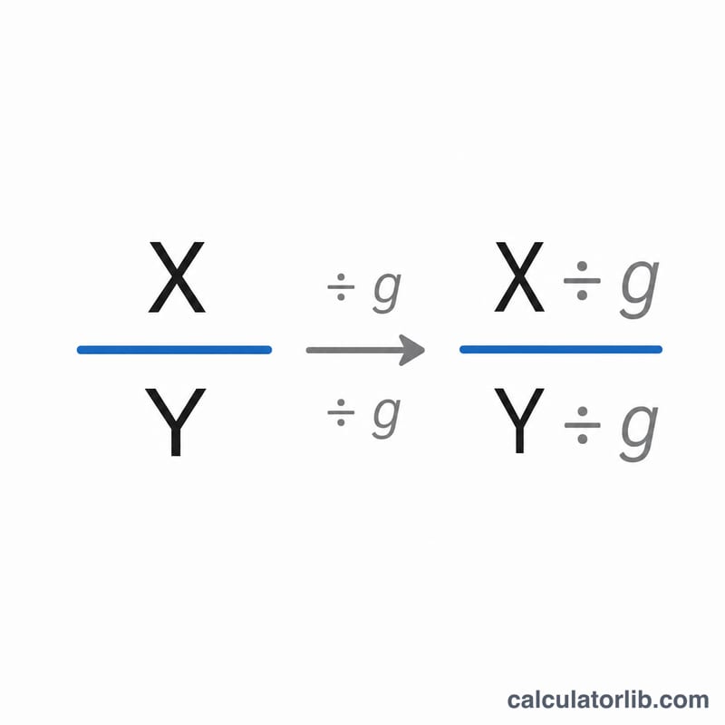 Diagram of fraction X over Y reduced by dividing by the GCD g