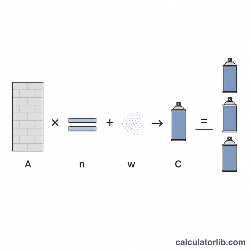 Diagram showing surface area times coats plus waste divided by can coverage equals cans