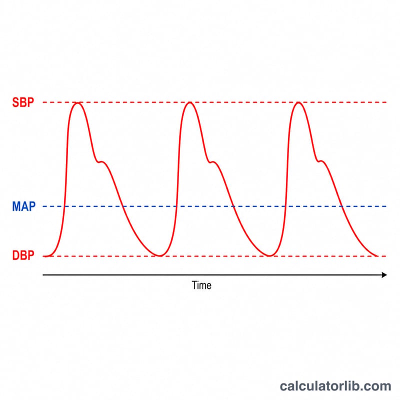 Diagram of a blood pressure waveform over a heartbeat cycle showing systolic peak, diastolic trough, and the mean arterial pressure level
