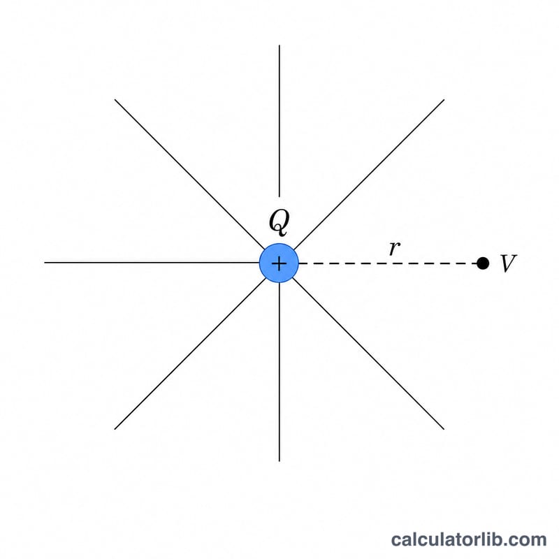 Point charge with radial field lines and a test point at distance r
