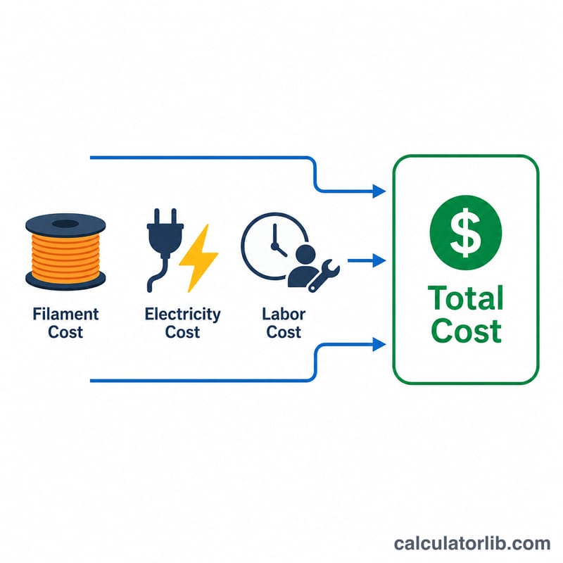 Three cost components: filament, electricity, and labor combining into a total print cost