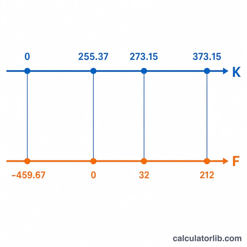 Number line aligning Kelvin and Fahrenheit scales at key reference points
