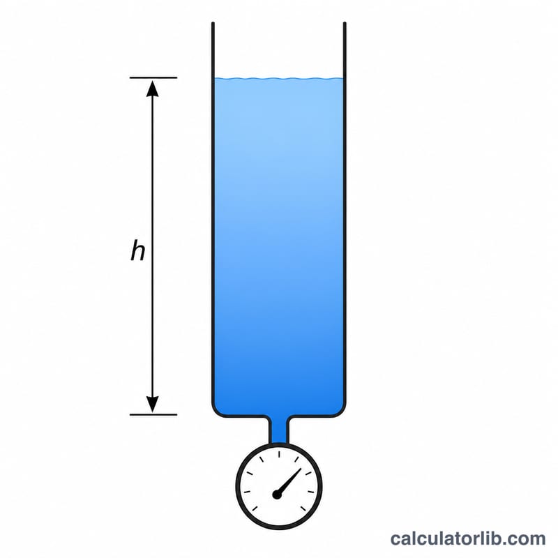 Vertical pipe showing water column height h with pressure increasing toward the bottom