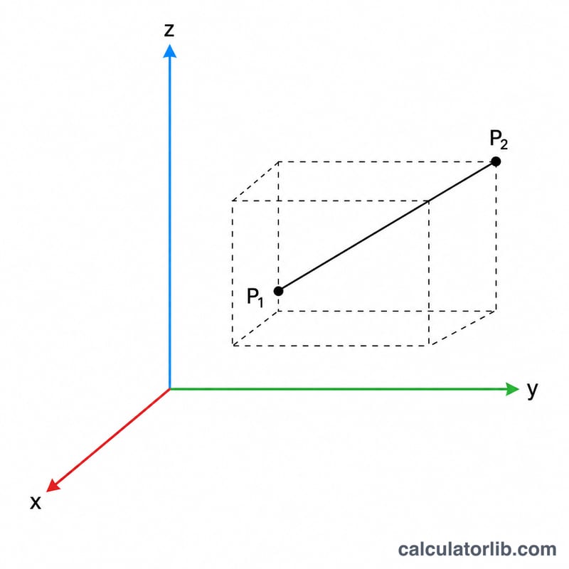 Two points in a 3D coordinate system connected by a straight line with dashed axis-aligned box