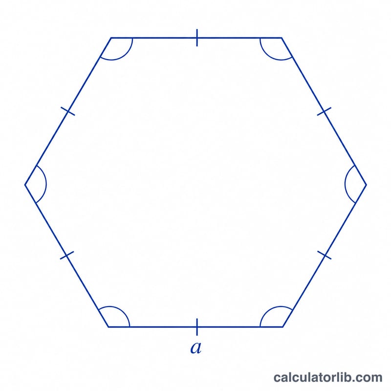 A regular hexagon with all sides and interior angles marked equal, side length labeled a