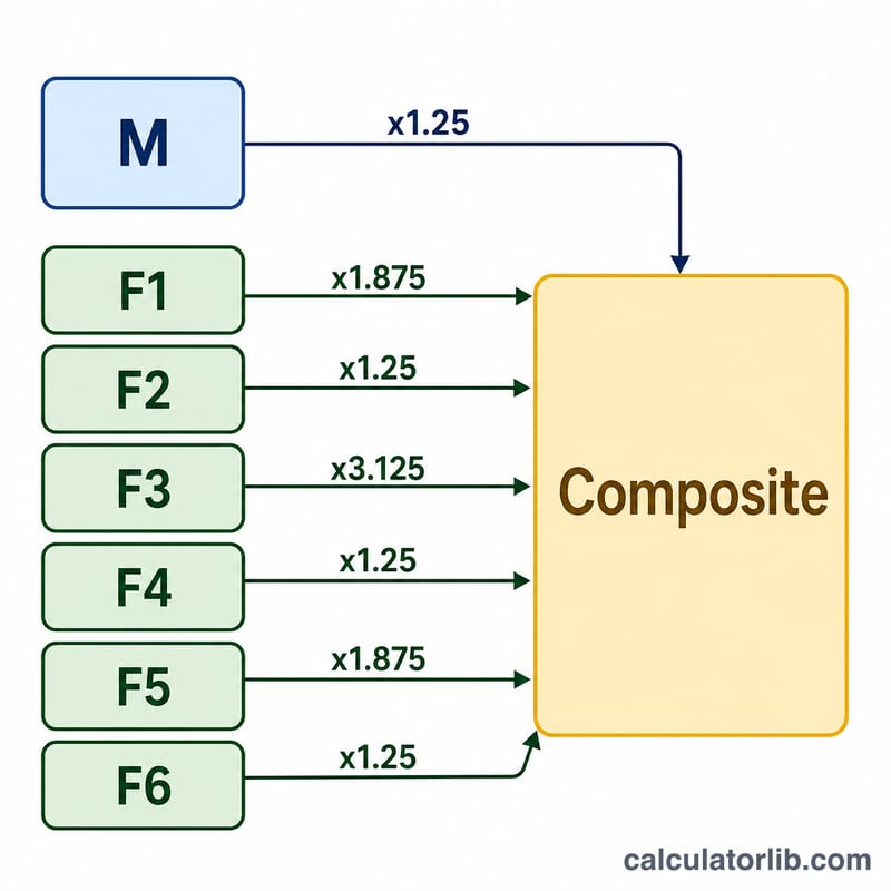 Diagram showing multiple-choice and free-response scores combining into a weighted composite score