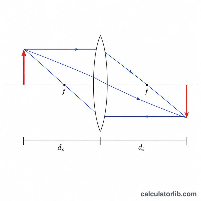 Ray diagram of a converging lens showing object distance, image distance and focal points