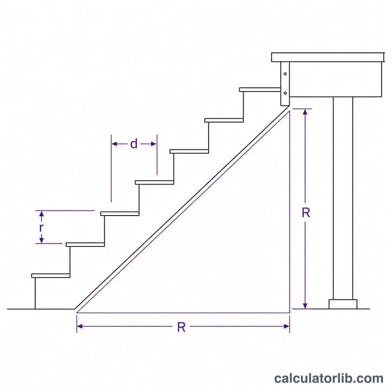 Side view of a deck stair stringer showing total rise, total run, riser height and tread depth