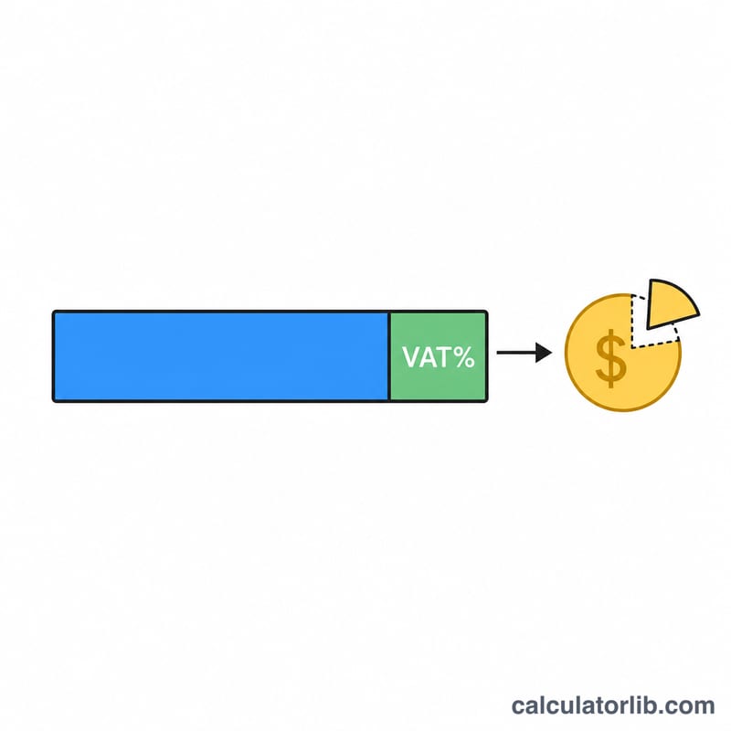 Flat diagram showing a gross price bar split into net price and VAT portion, with the VAT portion minus a small fee flowing to a refund