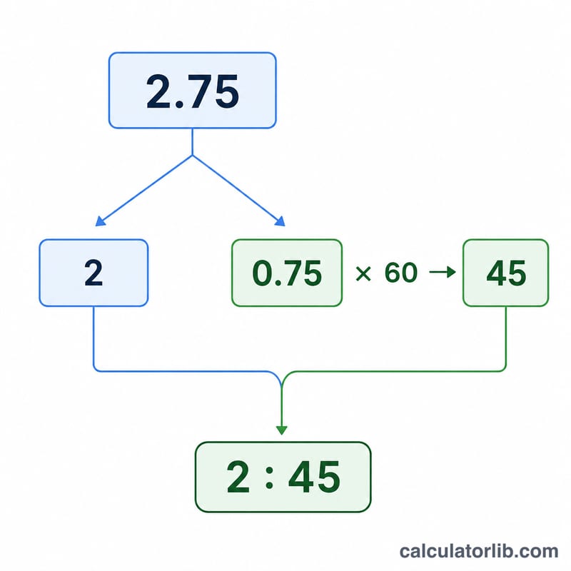 Diagram showing 2.75 split into a whole-hours part and a fractional part multiplied by 60 to give minutes