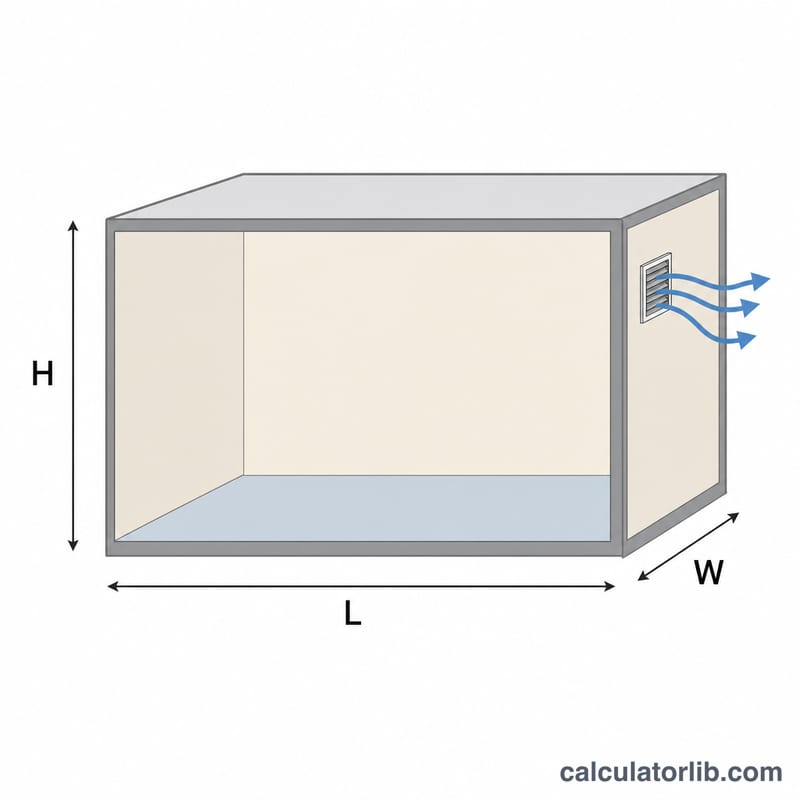 3D room box labeled L, W, H with a vent and airflow arrows