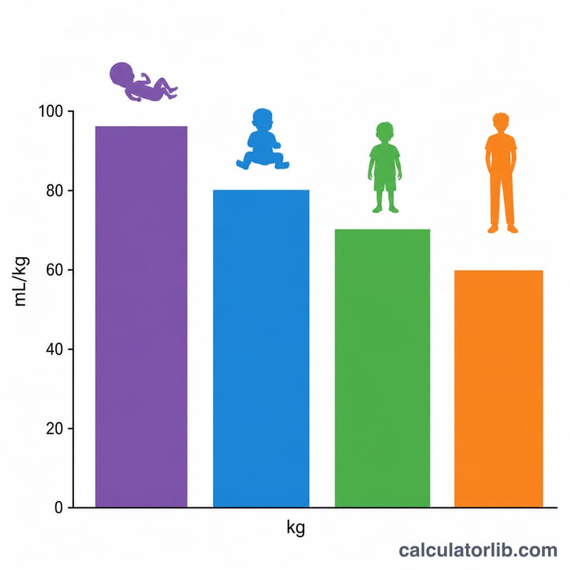 Bar chart of blood volume per kilogram decreasing from premature neonates to adolescents