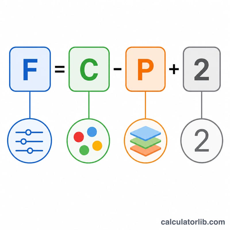 Diagrama que descompone la ecuación de la regla de las fases de Gibbs F igual a C menos P más 2, con cada variable etiquetada
