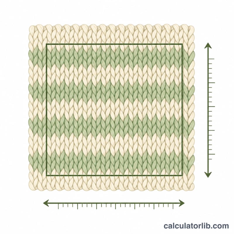 Knitted gauge swatch with a 10 cm square marked, counting stitches across and rows up