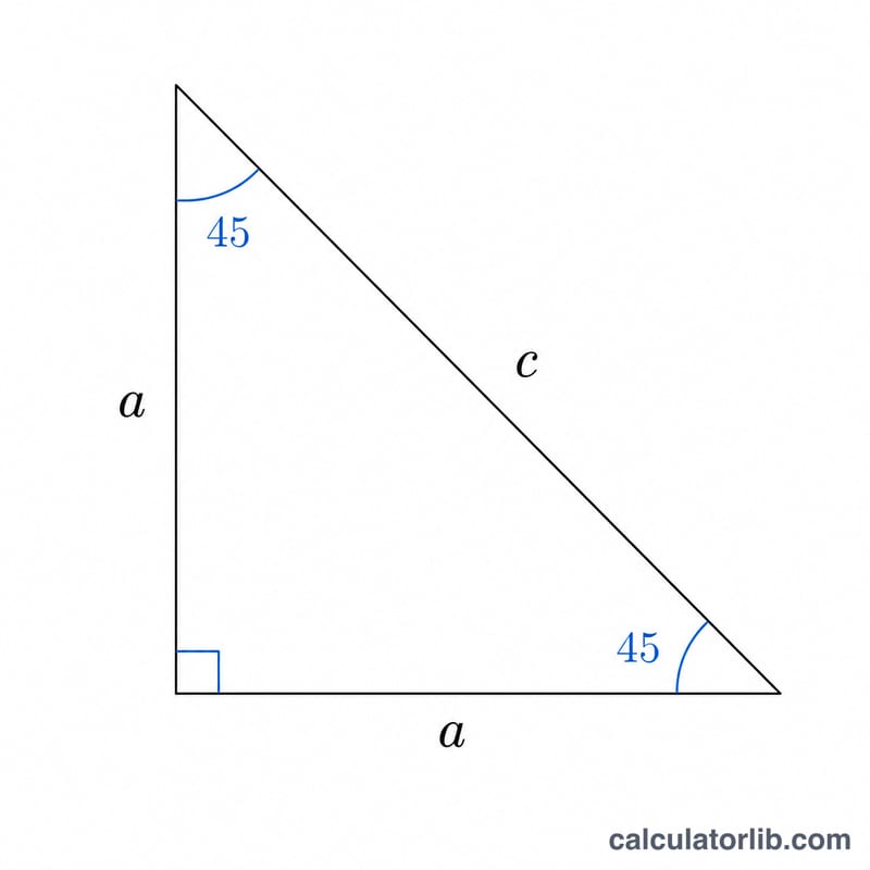 Right isosceles triangle with two 45-degree angles, equal legs labeled a and hypotenuse labeled c