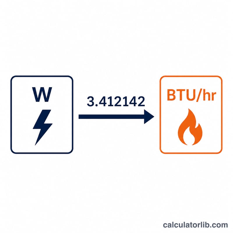 गुणा करने वाले तीर के माध्यम से एक वाट को 3.412142 BTU प्रति घंटे में बदलते दिखाने वाला आरेख