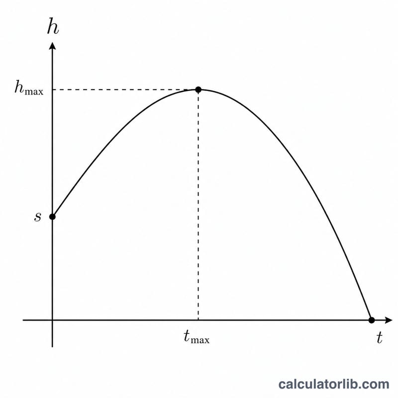 Parabolic trajectory showing starting height s, peak vertex at h_max and t_max, and landing point