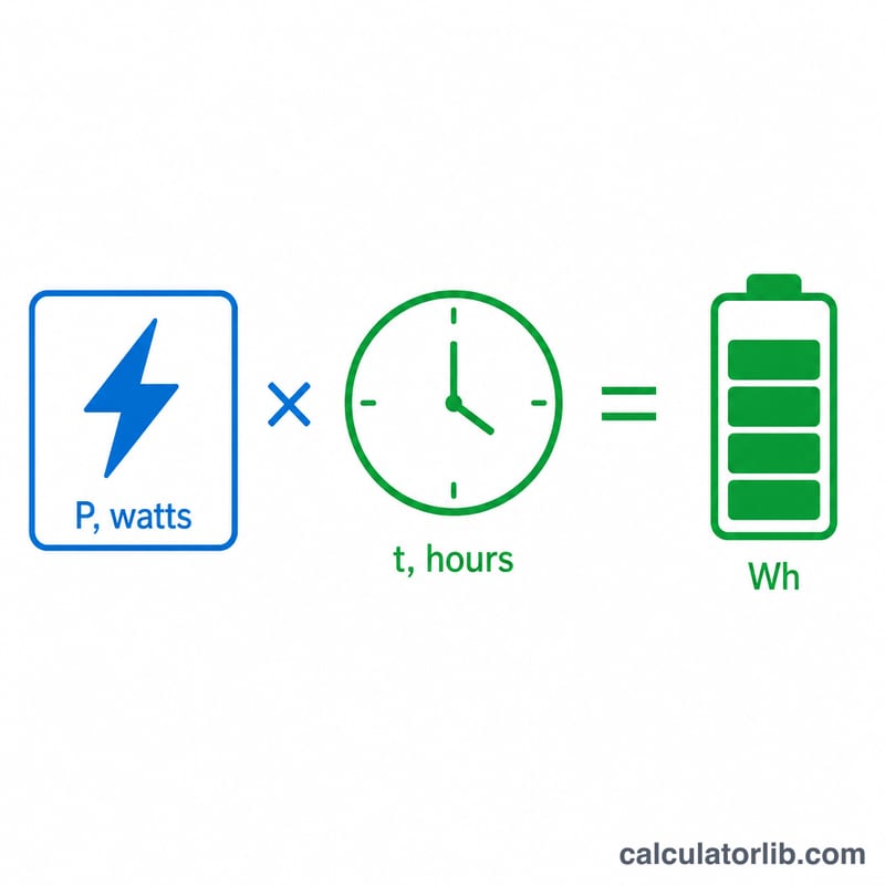 Diagram showing power times time equals energy in watt-hours