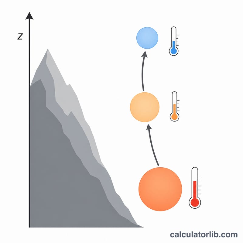 Diagram showing a rising air parcel cooling with increasing altitude