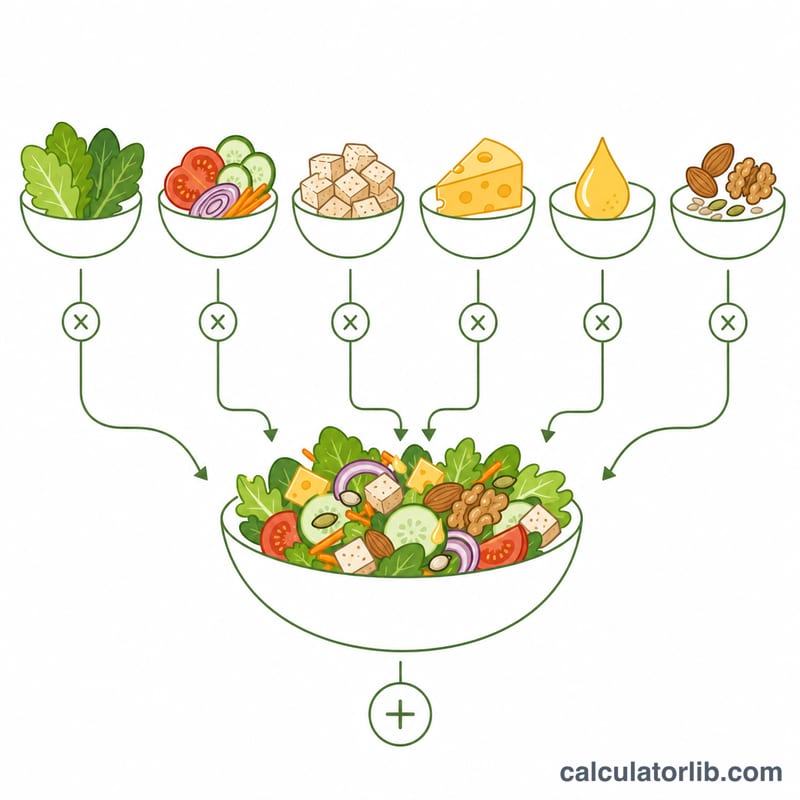 Flat diagram showing salad ingredient groups each multiplied by a calorie density and summed into a total