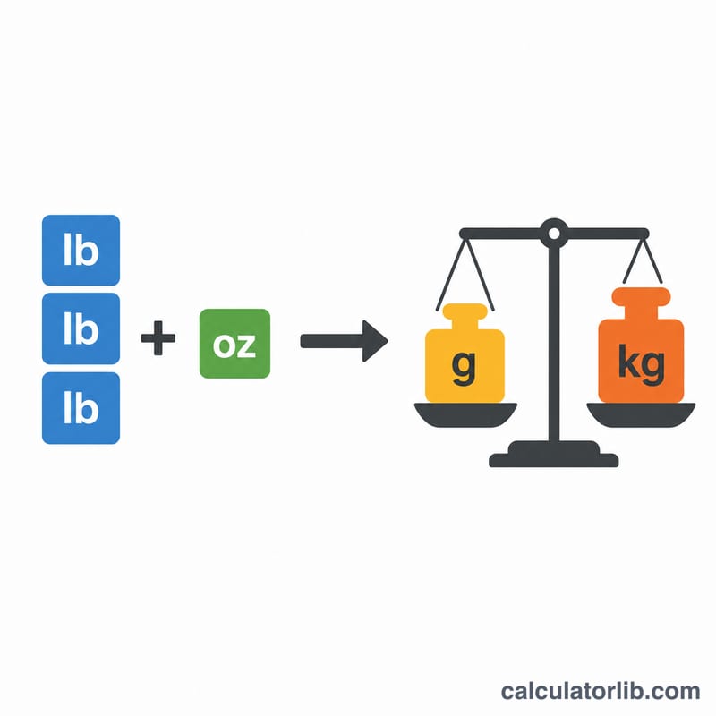 Diagram showing pounds and ounces combining and converting into grams and kilograms