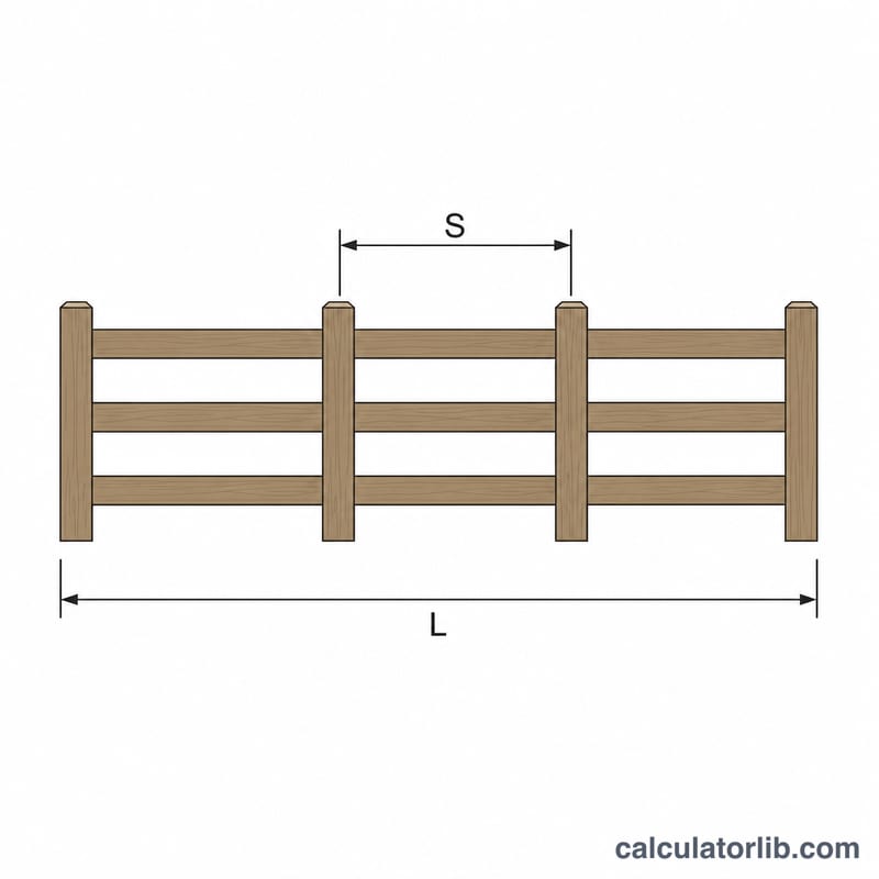Side view of a post and rail fence showing posts, rails, total length L and post spacing S
