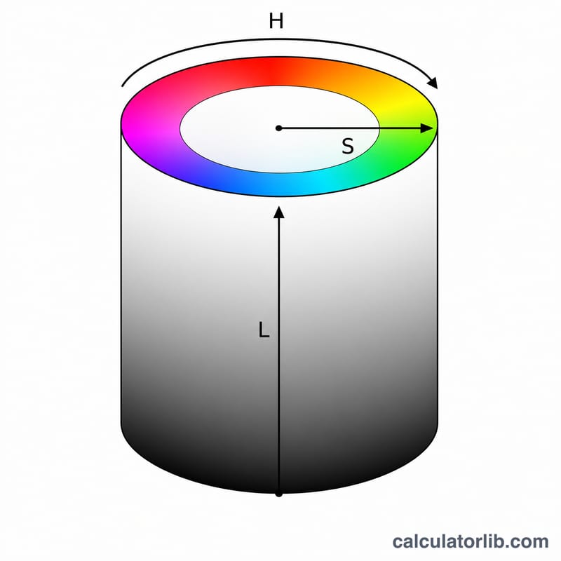 HSL cylinder color model with hue around the circle, saturation toward the edge, lightness vertical