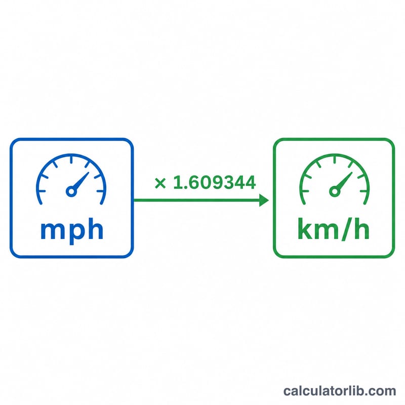 Diagram converting mph to km/h by multiplying by 1.609344