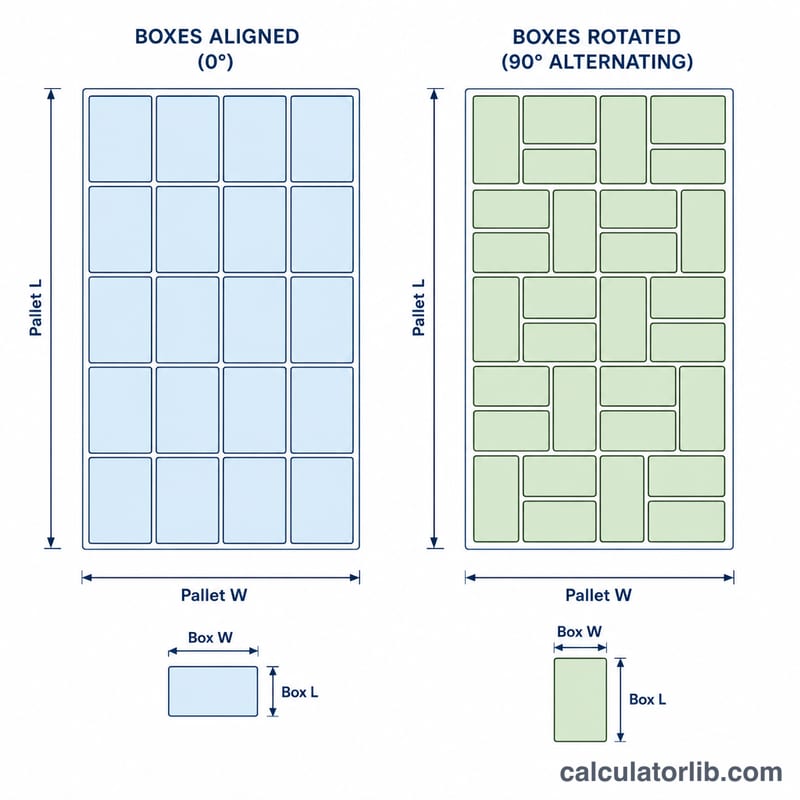 Two top-down box arrangements on a pallet showing aligned versus rotated layouts