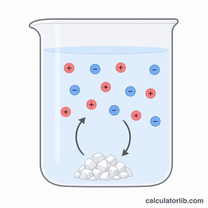 Diagram of a solid salt dissolving into cations and anions in equilibrium with undissolved solid at the bottom of a beaker