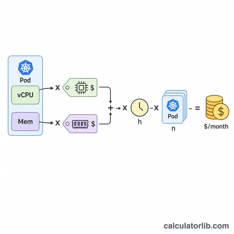 Diagrama plano del costo del pod a partir de los precios de vCPU y memoria por horas y réplicas