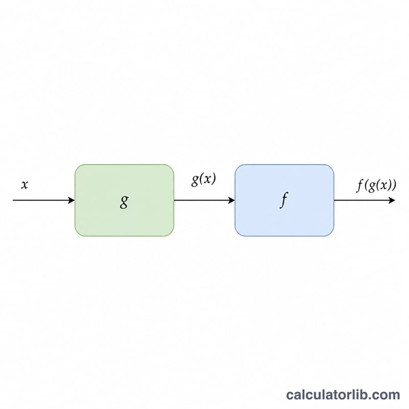 xが関数gに入り、その出力が関数fに入ってf(g(x))を生み出す様子を示す平面図