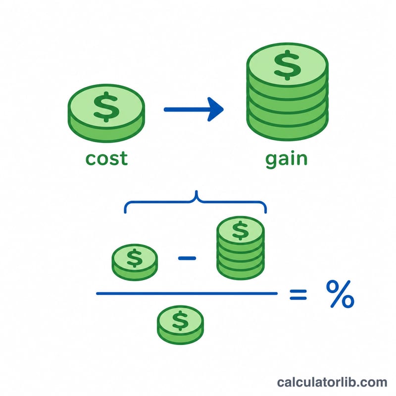 Diagram showing ROI formula as gain minus cost divided by cost