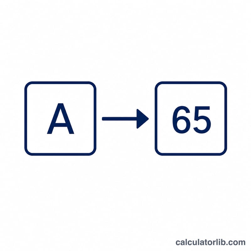 Character A mapping to its decimal code 65 via an arrow