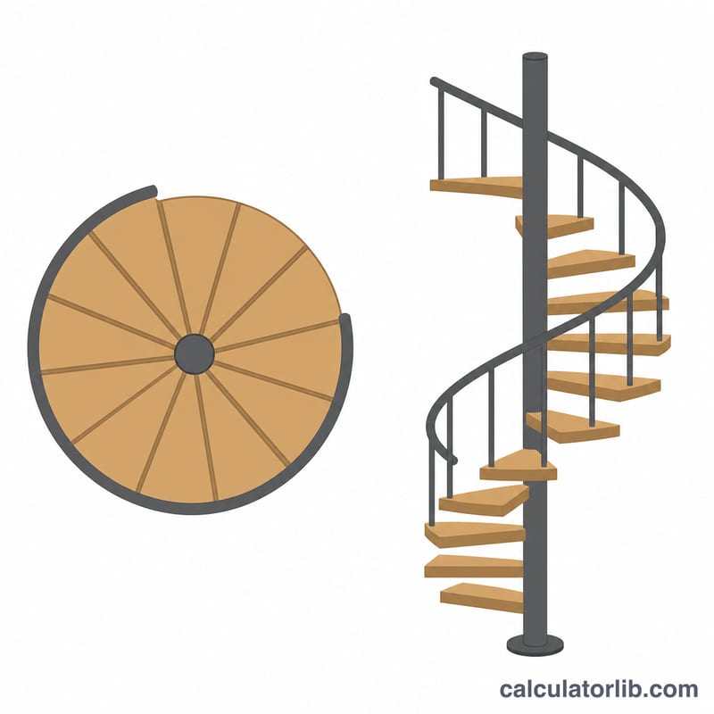 Flat top-down and side view of a spiral staircase around a central pole