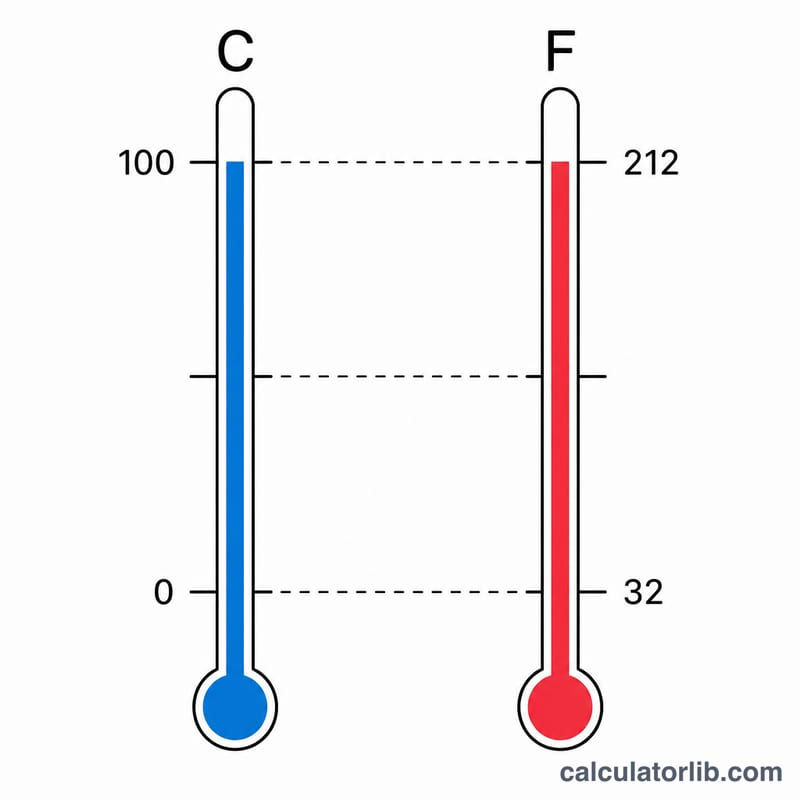 Two parallel vertical thermometers showing aligned Celsius and Fahrenheit scales