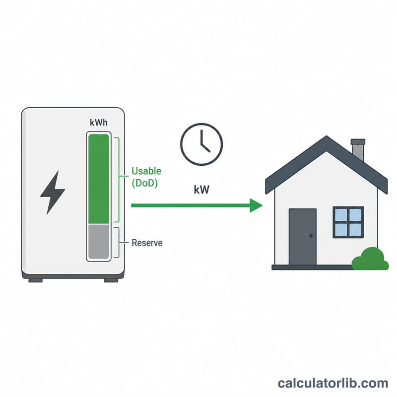 バッテリー容量と放電深度が時間経過とともに住宅へ給電する図