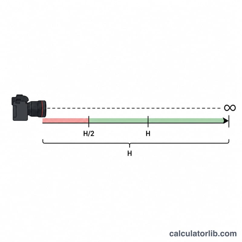 Diagram showing a camera focused at the hyperfocal distance with the in-focus zone extending from half that distance to infinity