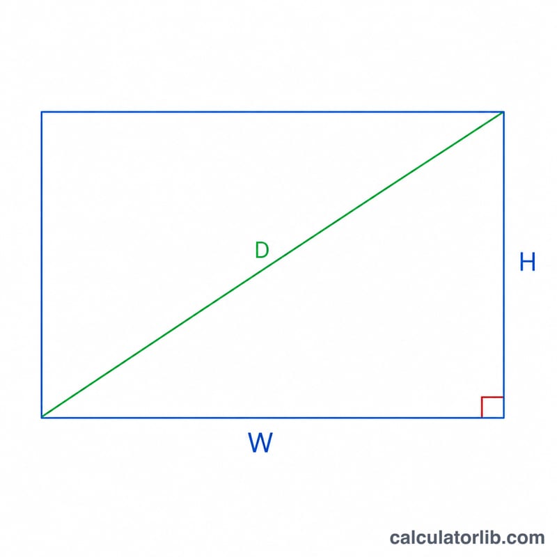 Right triangle formed by a screen's width, height and diagonal with aspect ratio labels