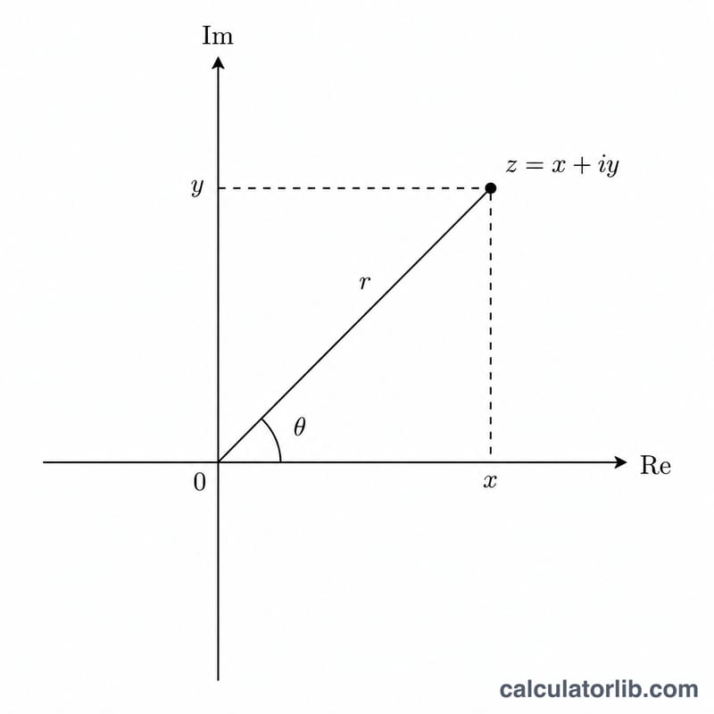 Complex plane showing magnitude r, angle theta, and rectangular components x and y of a point