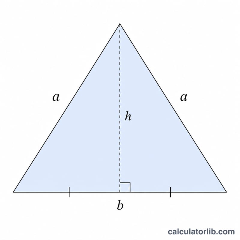 Isosceles triangle with base b, two equal sides a, and height h dropped to the base midpoint
