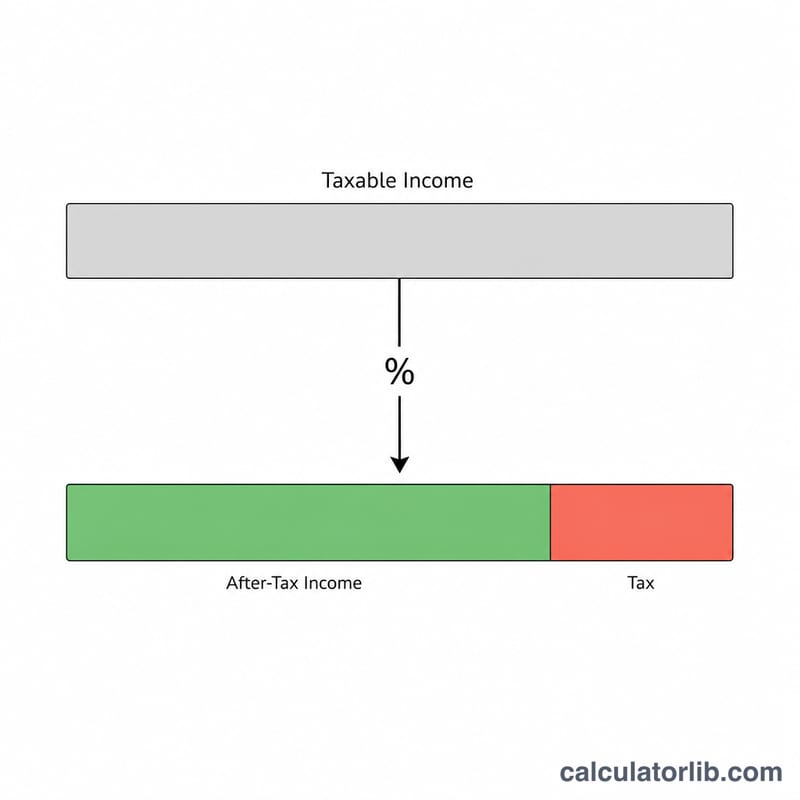 Diagram showing taxable income split into tax portion and after-tax income via a tax rate