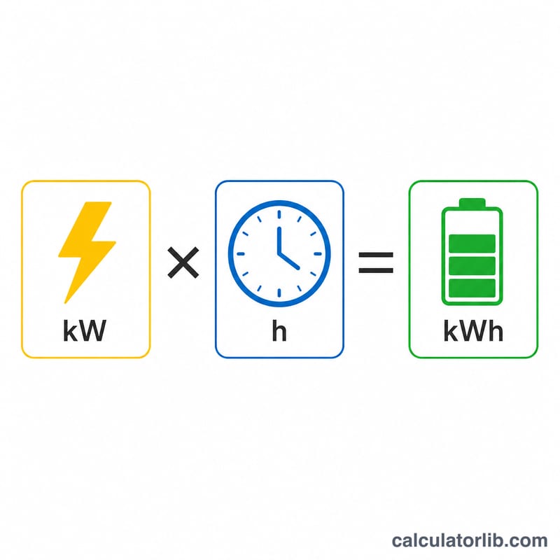 Diagrama que muestra la potencia en kilovatios multiplicada por el tiempo en horas igual a la energía en kilovatios-hora