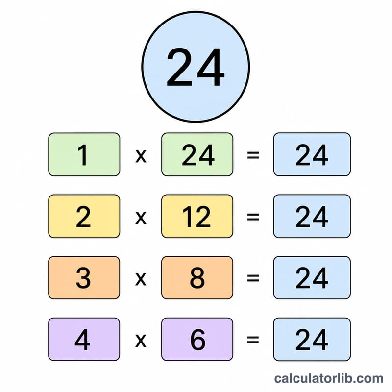 数字 24 被分成乘积等于它本身的因数对