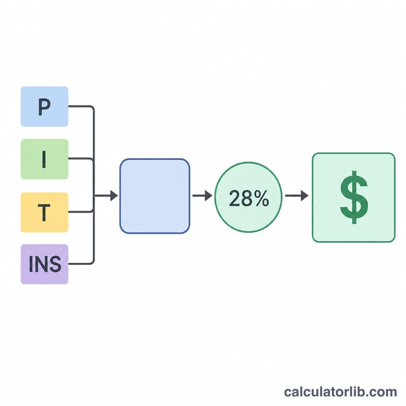 Diagram showing monthly housing payment components combining into a total, divided by 28 percent to get required salary